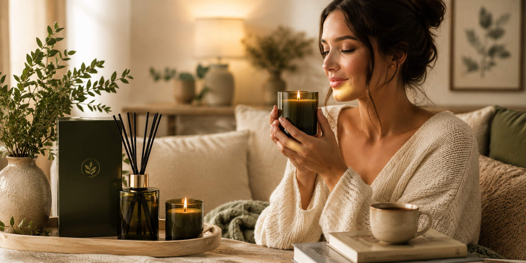 A woman in a cozy cream knit robe sits on a couch in a warmly lit living room, holding a lit candle. A matching candle product box and reed diffuser sit on a tray beside her, along with a mug and books.