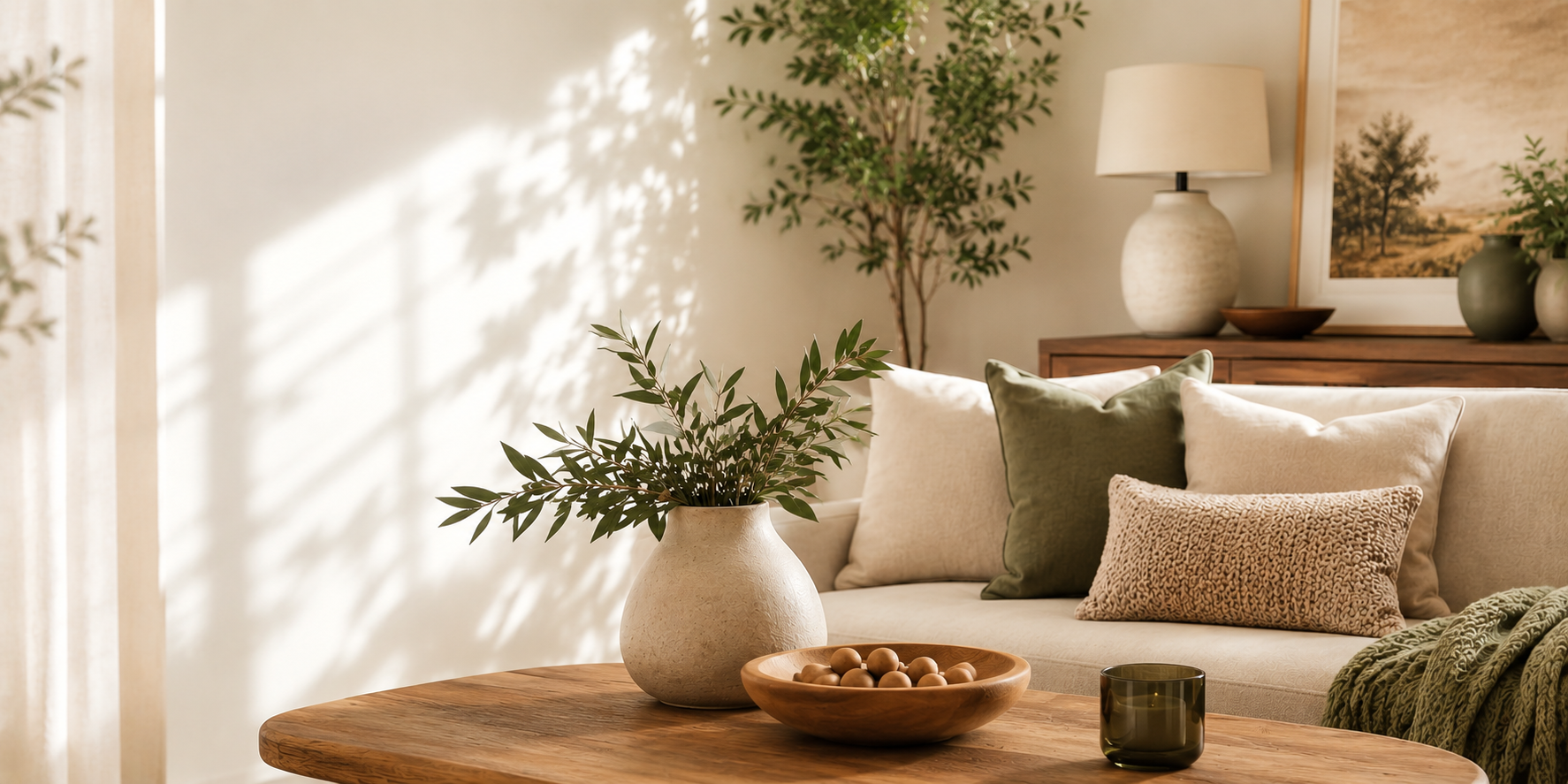 A cozy living room scene with a beige sofa adorned with cream, olive green, and textured beige pillows, a wooden coffee table in the foreground, and warm sunlight streaming through a window.