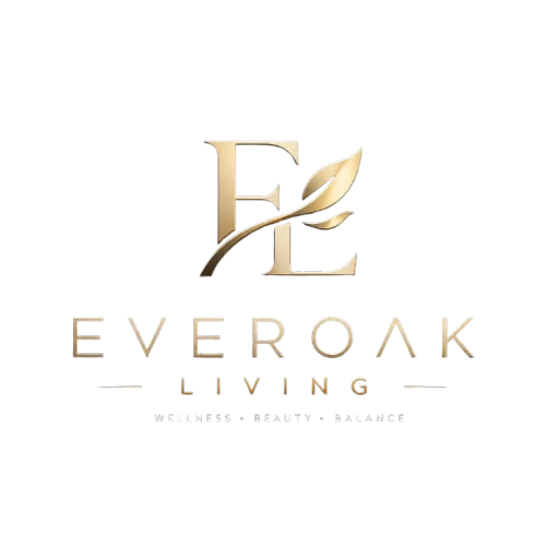 Gold Everoak Living logo with stylized 'EL' monogram and leaf emblem above the words 'EVEROAK LIVING' and the tagline 'WELLNESS • BEAUTY • BALANCE' on a white background.
