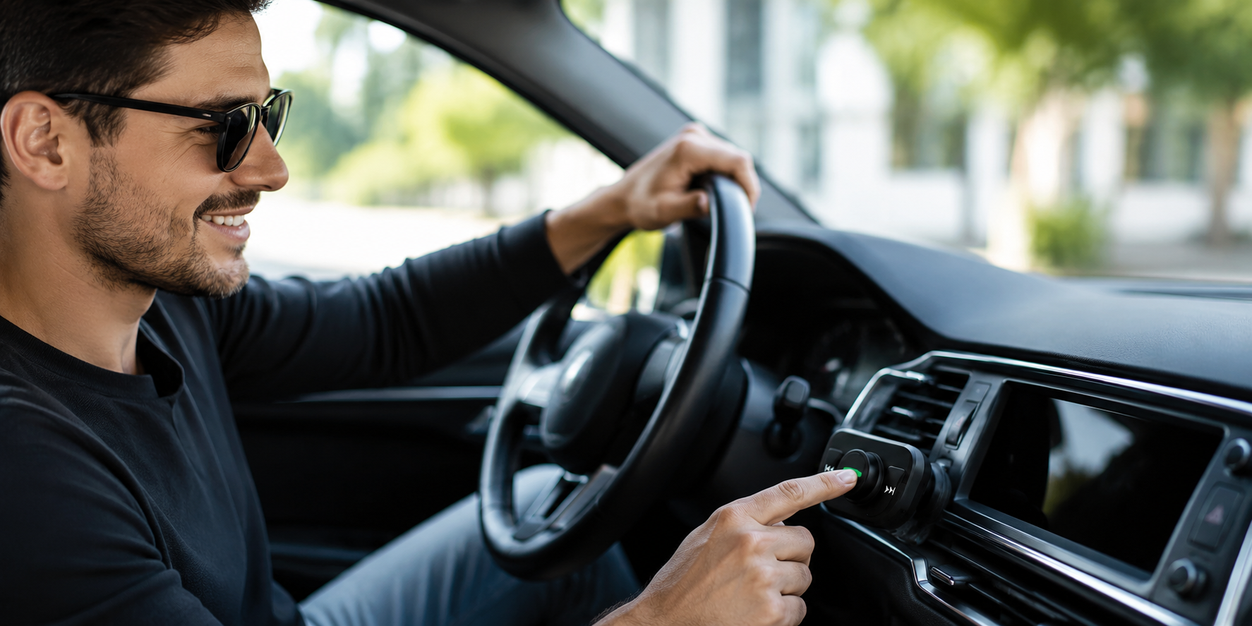 A man wearing sunglasses sits in the driver's seat of a car, smiling while touching the center console controls. The background shows a blurred outdoor street scene.