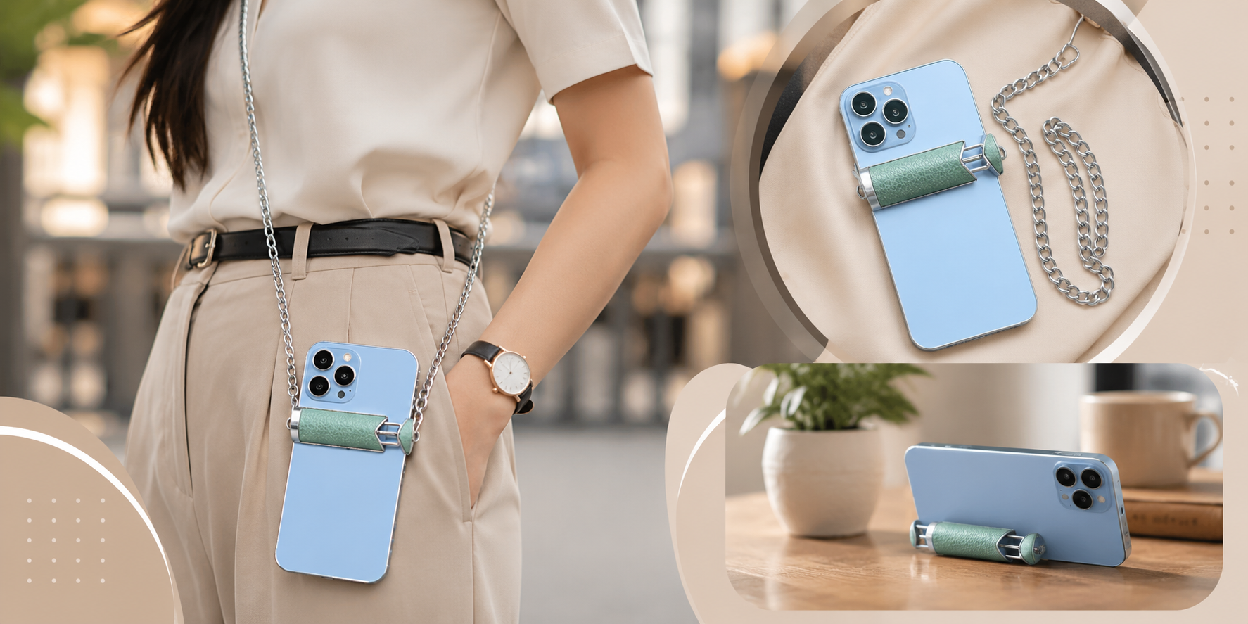 A light blue phone case with a mint green grip and silver chain strap, shown worn crossbody on a model, alongside close-up inset views of the case on a phone and on a tabletop.