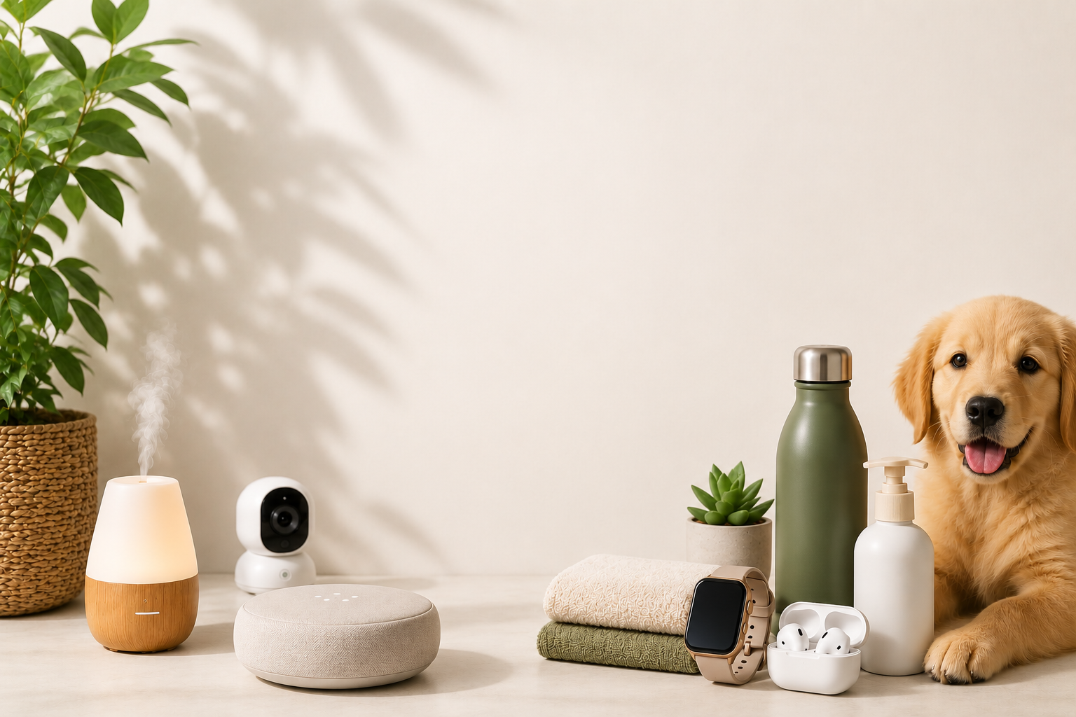 A golden retriever dog sits on the right side of a tabletop arrangement of home and wellness products, including a green diffuser, a white security camera, a round speaker, a green bottle, folded towels, a smartwatch, earbuds, and a small potted succulent, against a warm beige wall with leaf shadows.