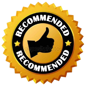 A gold and black circular recommended badge with a thumbs-up icon in the center, surrounded by the text 'RECOMMENDED' and a serrated outer edge.