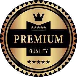 A circular gold and black premium quality badge with a crown icon, five stars, and the words 'PREMIUM QUALITY' on a white background.