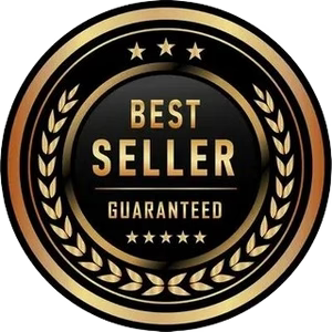 A circular black and gold 'Best Seller Guaranteed' badge with laurel branches and stars.
